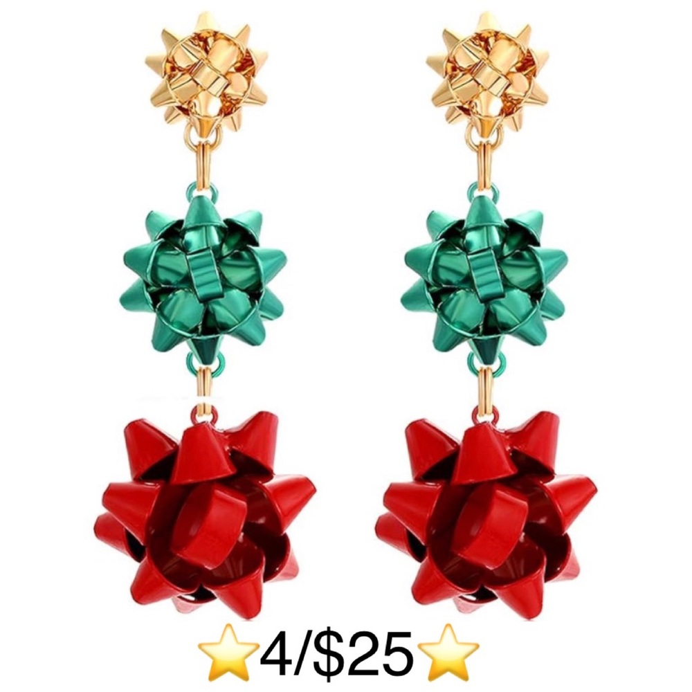 Red, Green & Gold Tone Tricolor Christmas Bow Dangling Earrings